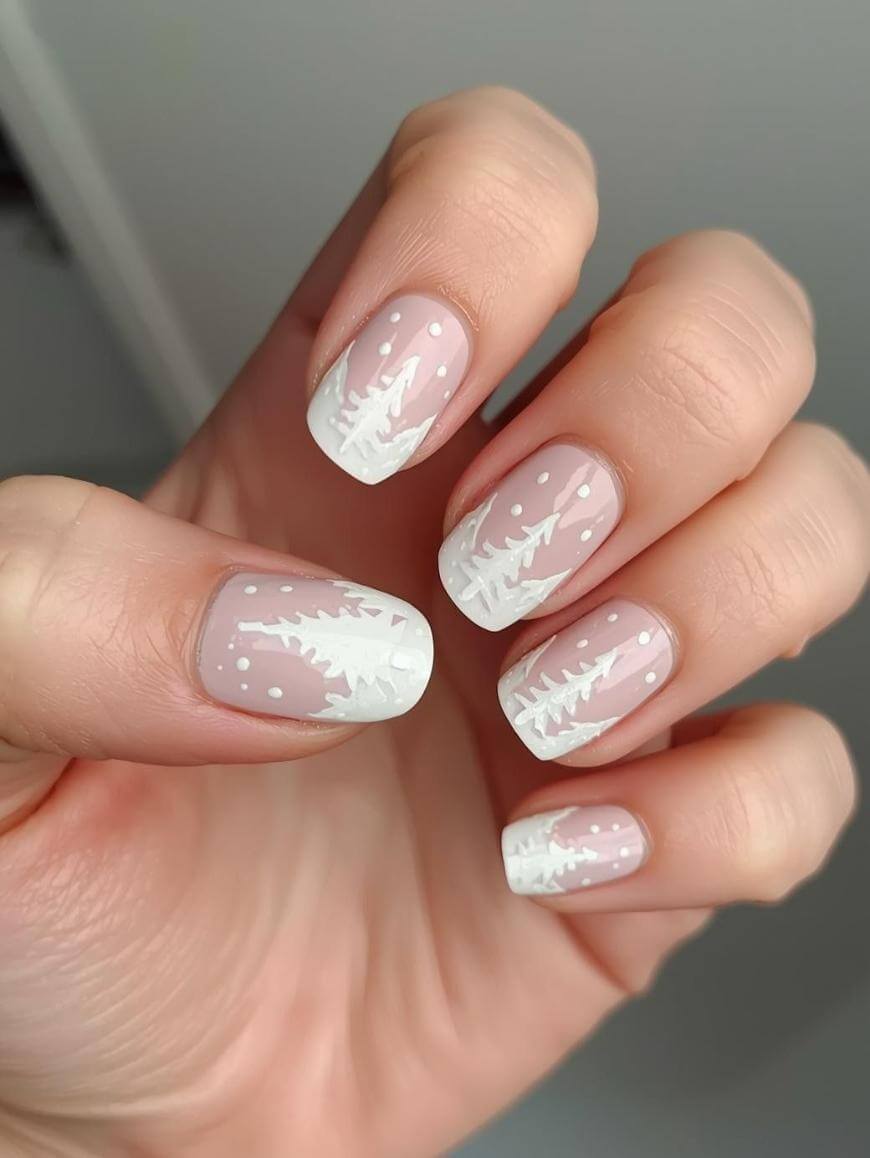 A hand with short, square-shaped nails painted light pink, featuring white designs of pine trees and small white dots resembling snow, creating a winter or holiday-themed nail art look.