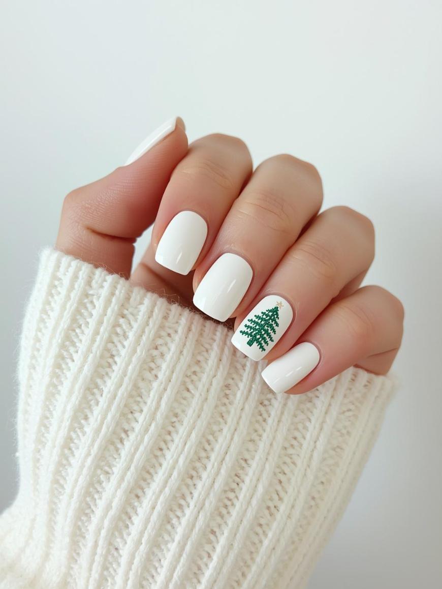 A hand with short, square-shaped white nails, featuring a small green Christmas tree design on the ring finger. The person is wearing a white, ribbed knit sweater.