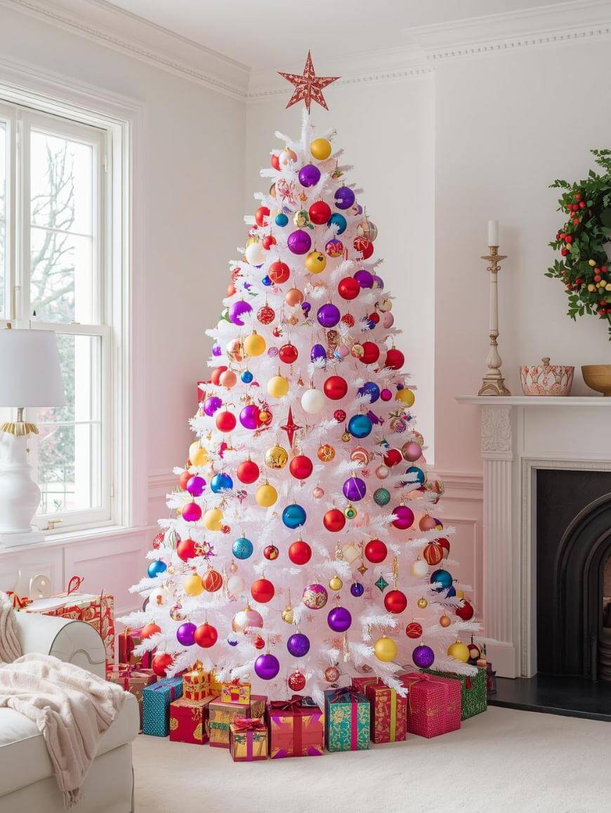 A white Christmas tree decorated with colorful ornaments and topped with a red star stands in a bright living room. Wrapped presents are arranged beneath the tree, and a festive wreath hangs above the nearby fireplace.