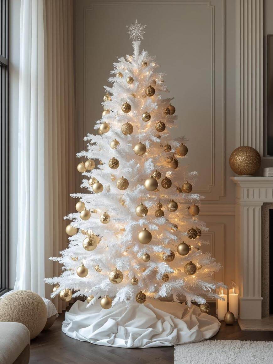 A white artificial Christmas tree decorated with gold ornaments and warm white lights stands in a softly lit living room next to a fireplace and candles. The tree skirt is white.