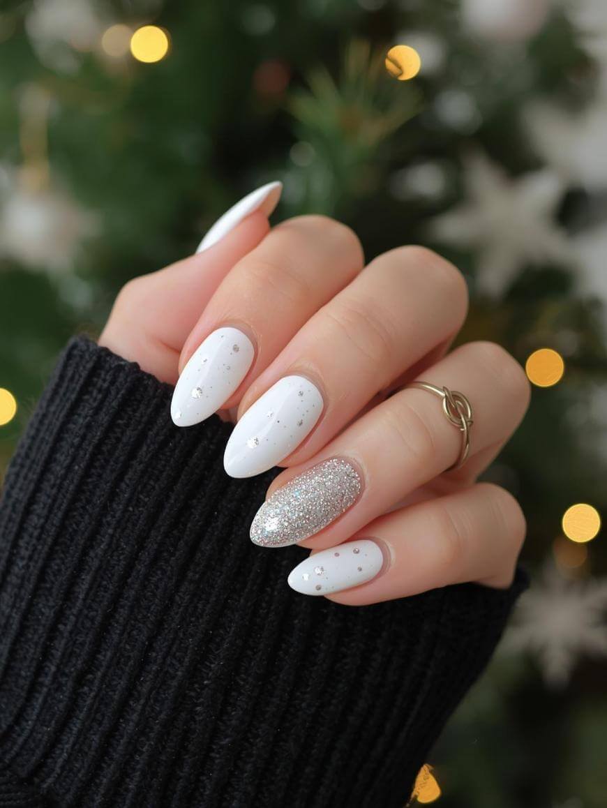 A hand with long, almond-shaped nails painted white with silver glitter accents and small rhinestones, one nail fully covered in silver glitter. The person wears a black sweater and a gold ring, with a blurred, festive background.