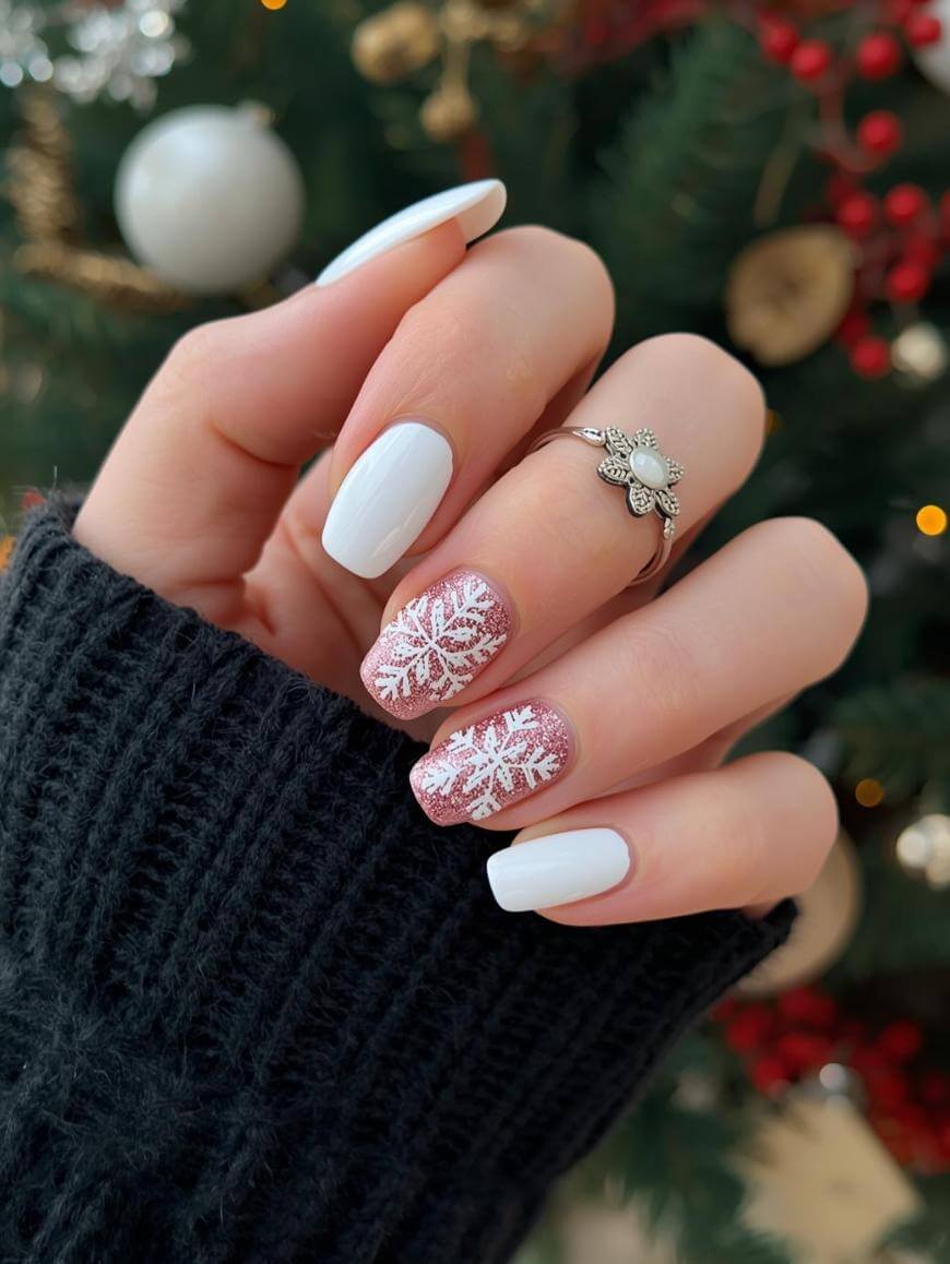 A hand with white-painted nails and two accent nails featuring pink glitter polish with white snowflake designs, posed in front of a decorated Christmas tree. The person is wearing a black sweater and a floral ring.