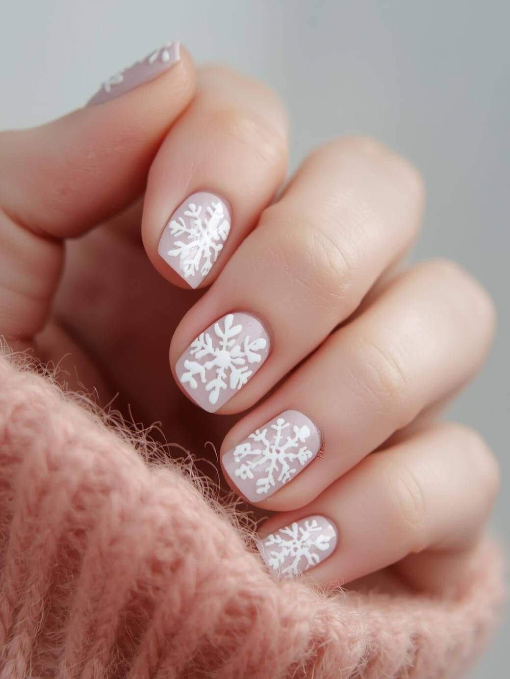 A close-up of a hand with short nails painted a pale nude color, each decorated with detailed white snowflake designs. The hand is partially wrapped in a soft, pink knit sweater.