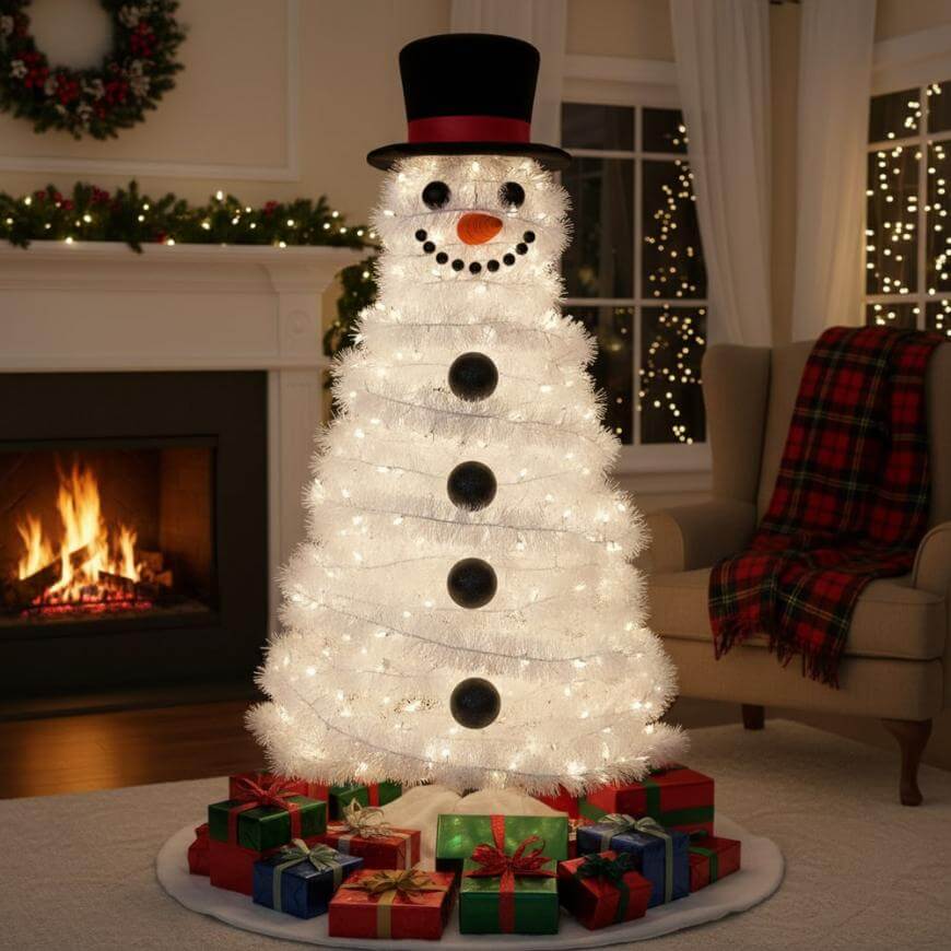 A white Christmas tree decorated to look like a snowman, with a top hat, black buttons, and a smiling face, is surrounded by wrapped presents. A fireplace and festive decor are in the cozy background.
