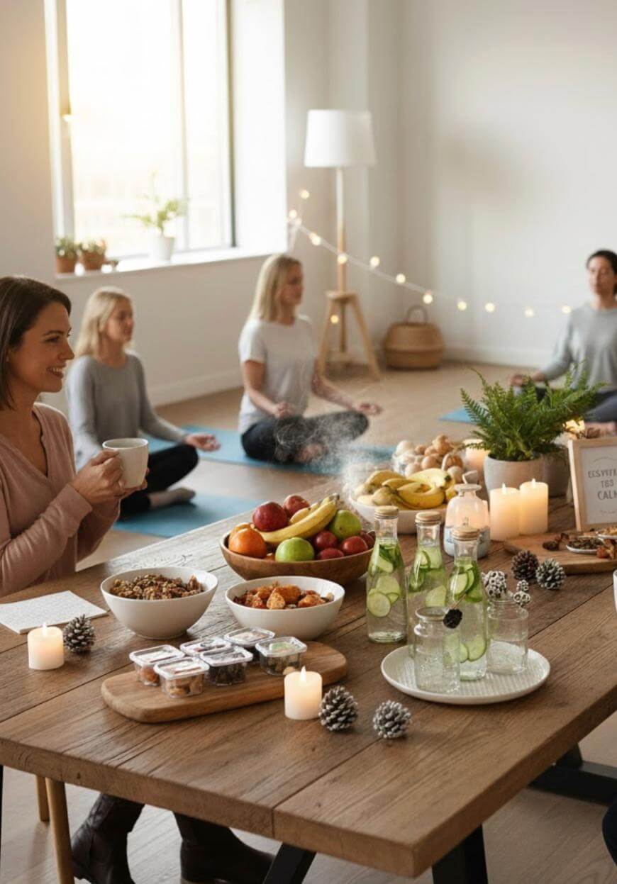 A cozy indoor scene with a wooden table set for breakfast, featuring fruit, pastries, drinks, and candles. In the background, four women sit cross-legged on yoga mats, preparing for a session in a bright, softly lit room.