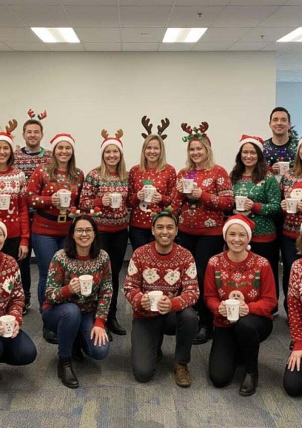 A group of people wearing festive Christmas sweaters, Santa hats, and reindeer antlers stand and kneel in an office, holding mugs and smiling for a holiday group photo.