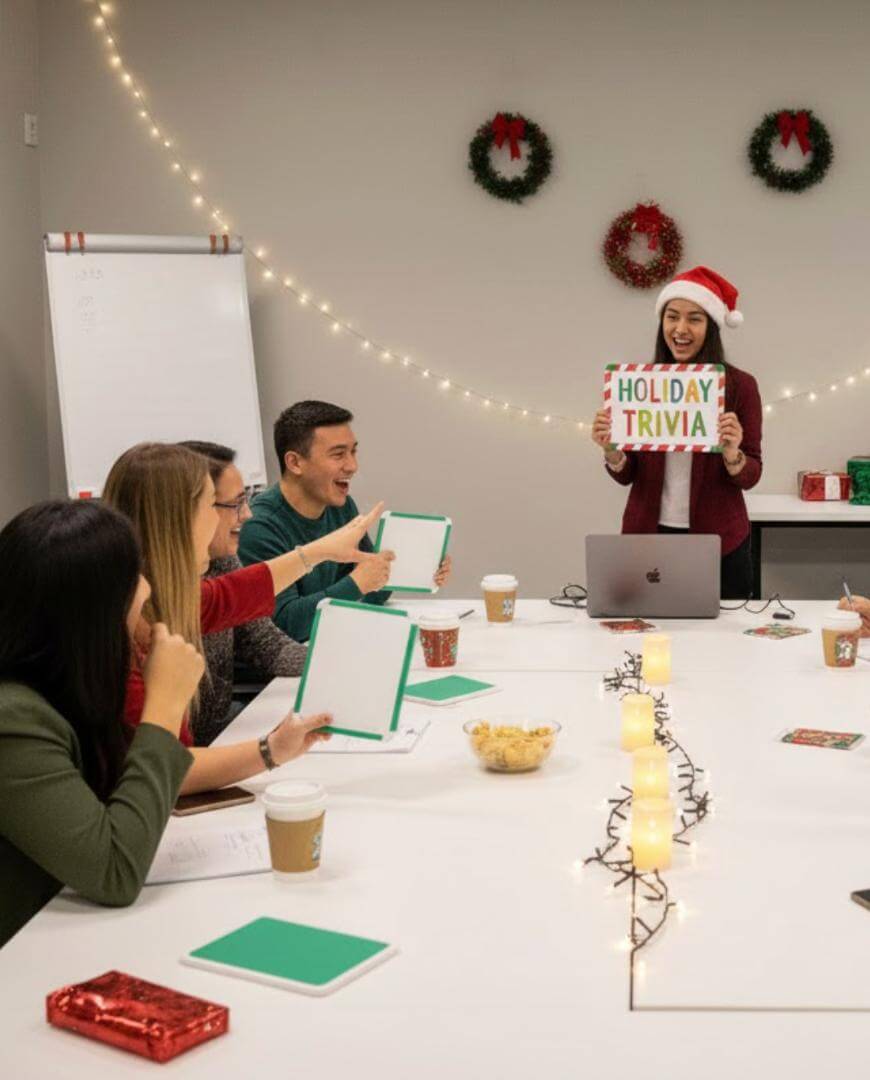 A woman in a Santa hat holds a Holiday Trivia sign while smiling at a group of people seated around a decorated table, playing the game. The room is festive with wreaths and string lights on the wall.