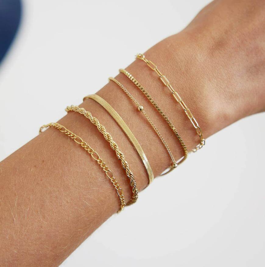 A close-up of a wrist adorned with six thin, gold bracelets of varying chain styles, set against a light background. The bracelets range from delicate link chains to a flat, smooth band.