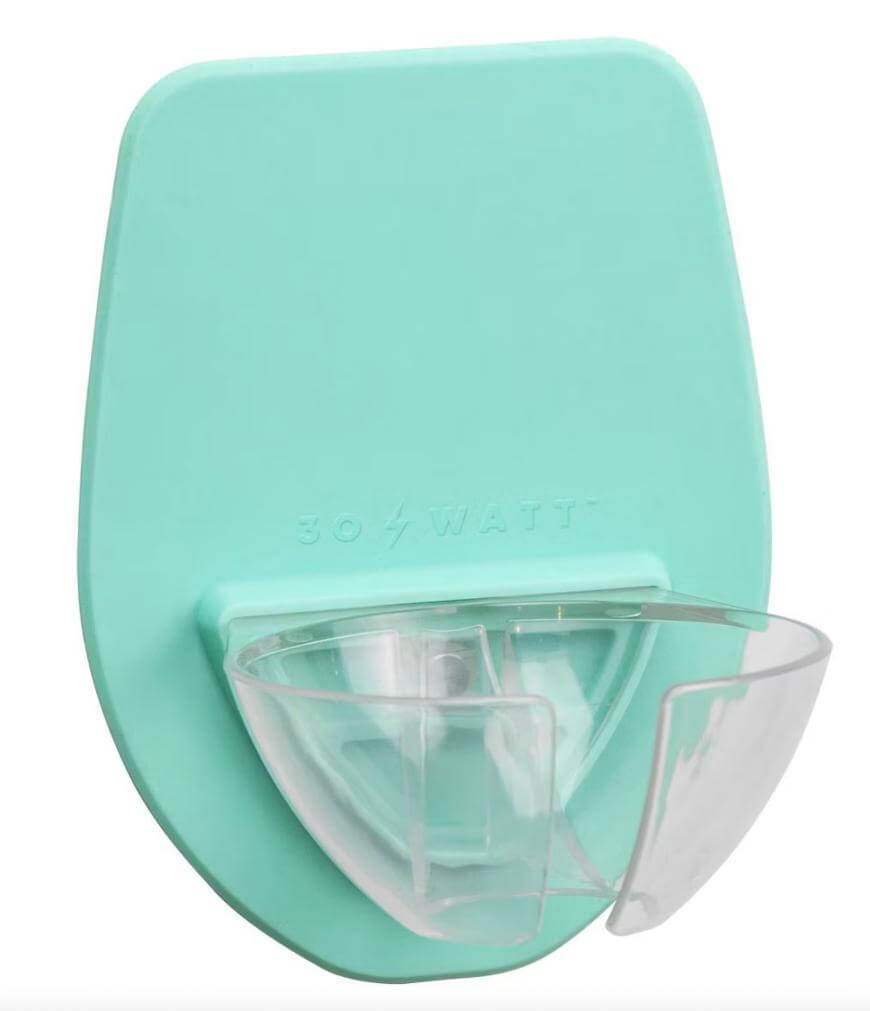 A turquoise plastic wall mount with a clear, semi-circular plastic cup attached at the bottom, designed to hold small items. The words 30 WATT are embossed on the front.
