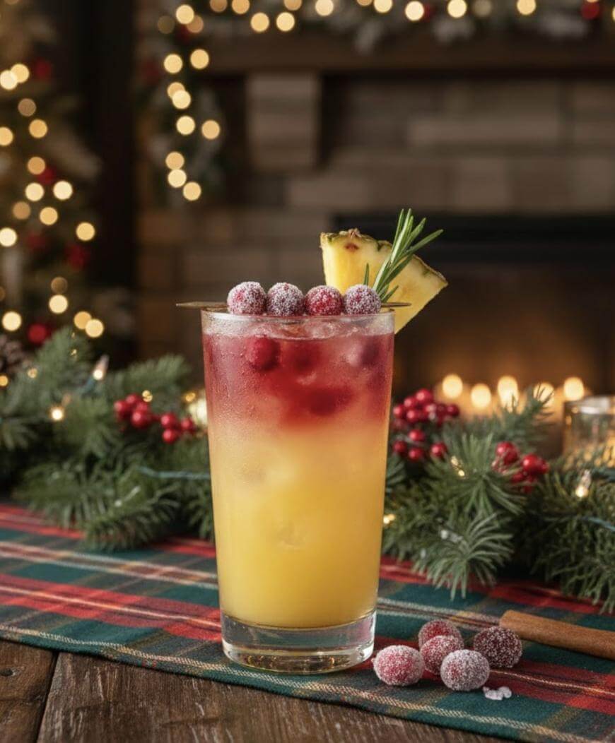 A festive cocktail with yellow and red layers, garnished with sugared cranberries, pineapple, and a sprig of rosemary, sits on a plaid table runner with holiday decorations and blurred lights in the background.