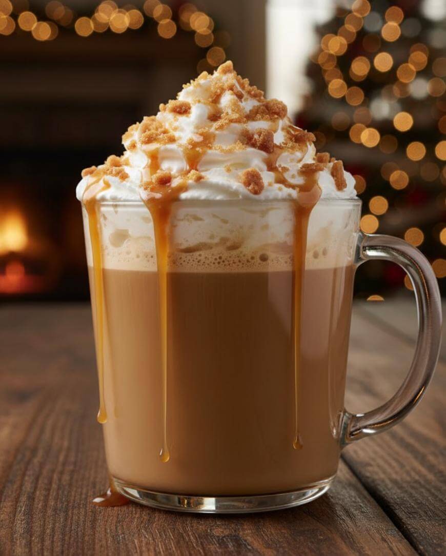 A glass mug of coffee topped with whipped cream, caramel drizzle, and crumbled topping sits on a wooden table. Warm, festive lights and a fireplace are softly blurred in the background.