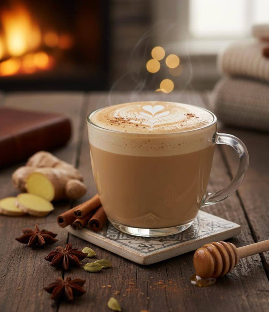 A clear glass mug of chai latte topped with heart-shaped latte art sits on a coaster, surrounded by spices, honey, and ginger, with a cozy fireplace and folded blankets in the background. Steam rises from the drink.