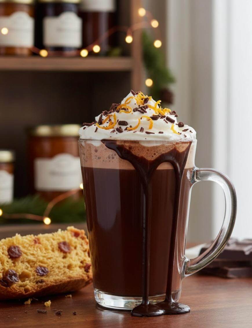 A glass mug of hot chocolate topped with whipped cream, orange zest, and chocolate shavings, with chocolate dripping down the side. A slice of raisin bread sits nearby on a wooden table, with blurred jars and string lights in the background.
