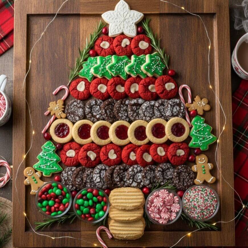 A wooden tray with assorted holiday cookies arranged in the shape of a Christmas tree, surrounded by festive candies, gingerbread men, candy canes, and greenery. A white star-shaped cookie tops the tree.