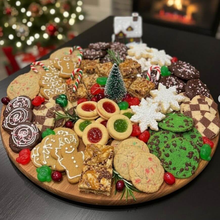 A round wooden tray filled with assorted holiday cookies, including gingerbread men, snowflakes, chocolate chip, and thumbprint cookies, surrounded by festive candies. A Christmas tree and fireplace are in the background.