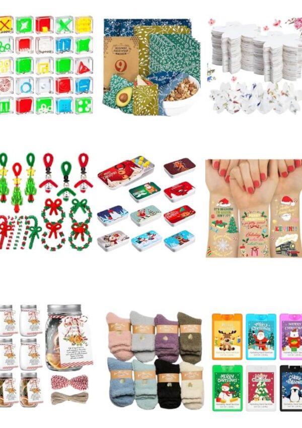 A collage of assorted Christmas gift items, including holiday-themed soaps, fabric wraps, cookies, ornaments, tins, gift cards, bath salts, cozy socks, and colorful gift envelopes.