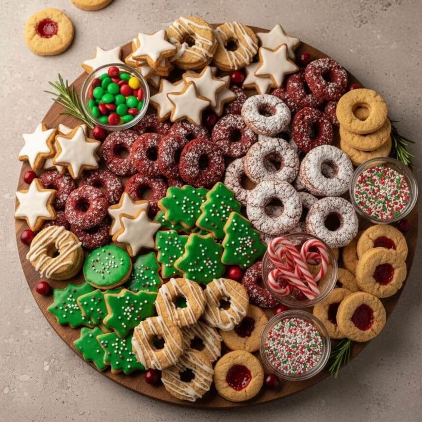 A round wooden tray filled with assorted holiday cookies, including star-shaped, tree-shaped, jam-filled, sprinkled cookies, and bowls of candies and candy canes, all decorated with festive icing and sprinkles.