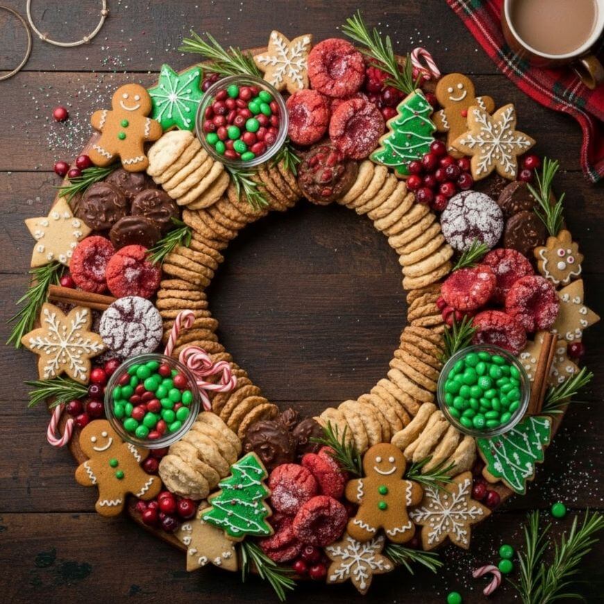 A festive wreath made of assorted Christmas cookies, including gingerbread men, tree-shaped cookies, red crinkle cookies, and green candies, arranged on a wooden table with rosemary, cranberries, and a cup of hot chocolate.