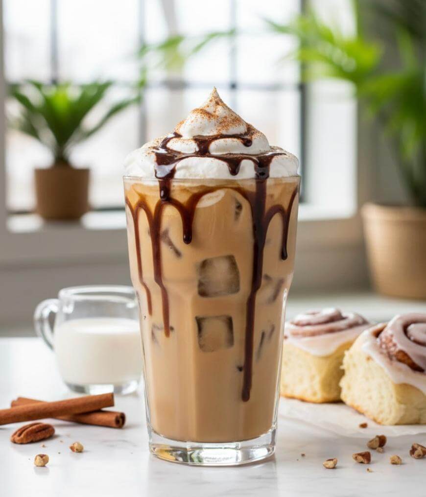 A glass of iced coffee topped with whipped cream and chocolate drizzle sits on a table, with cinnamon sticks, a small pitcher of milk, and cinnamon rolls nearby. Green potted plants are in the blurred background.