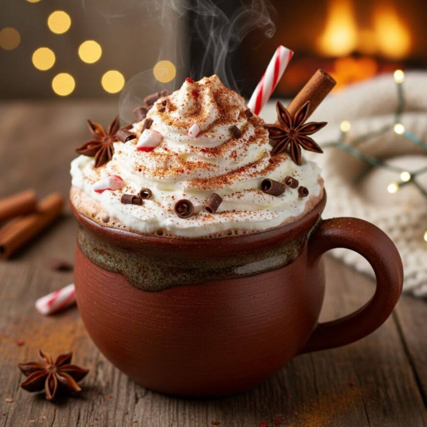 A steaming mug of hot chocolate topped with whipped cream, chocolate shavings, candy cane pieces, and a cinnamon stick sits on a wooden table, with a cozy fireplace and twinkling lights in the background.