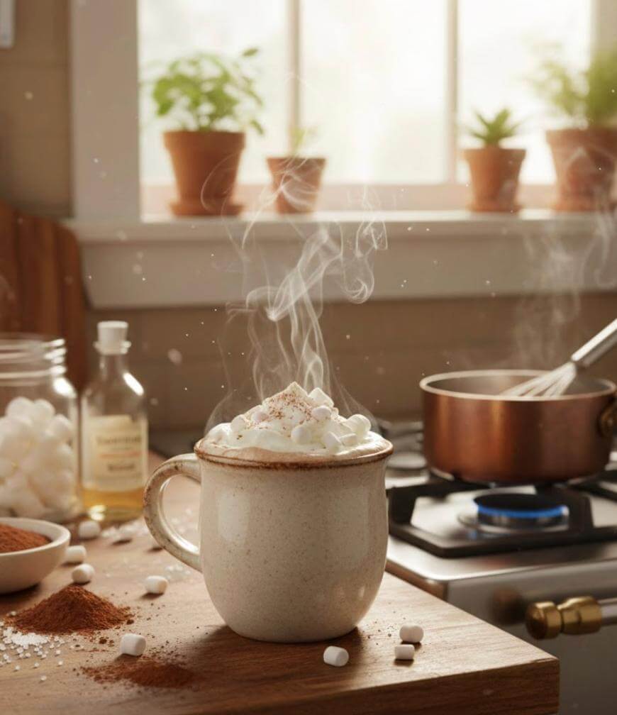 A steaming mug of hot chocolate with marshmallows sits on a wooden counter, surrounded by cocoa powder, jars, and a saucepan, with potted plants on a windowsill in the sunny background.