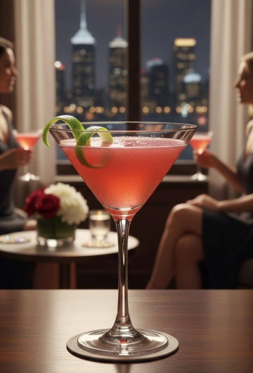 A pink cocktail with a lime twist garnish sits on a table, with two women holding similar drinks in the blurred background and a city skyline visible through the window at night.