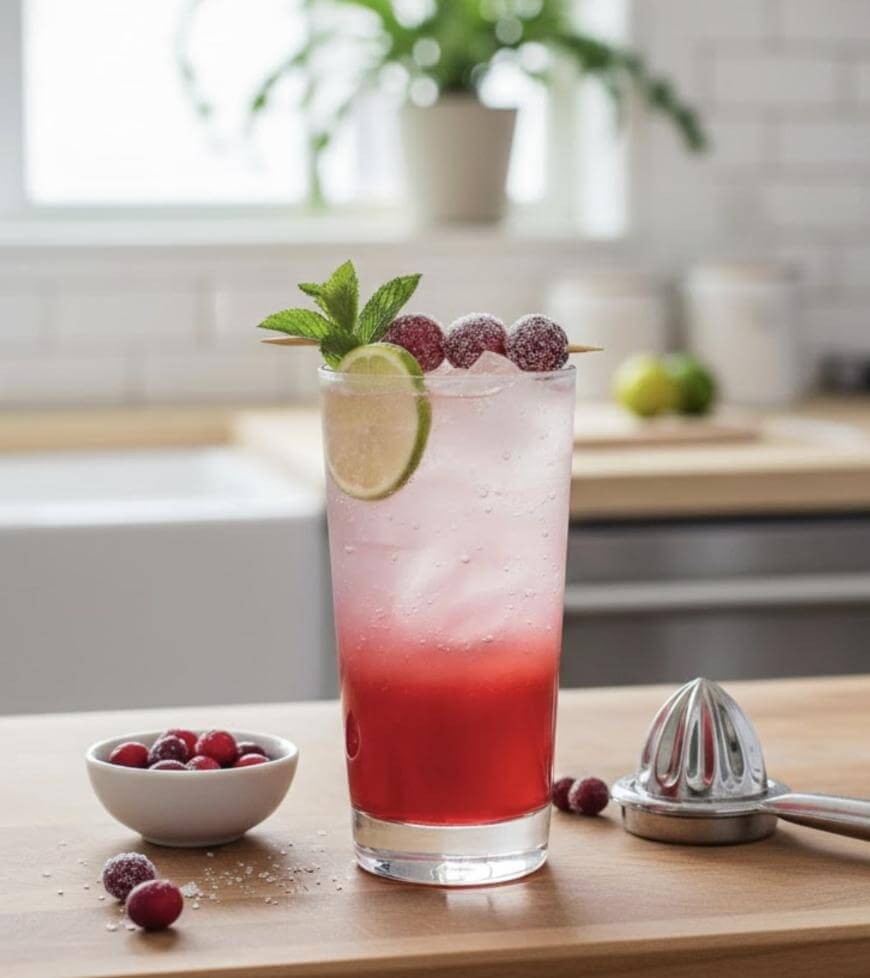 A tall glass of red and clear layered drink garnished with a lime slice, mint, and sugared cranberries sits on a kitchen counter. Nearby are a small bowl of cranberries and a citrus juicer, with a bright kitchen in the background.