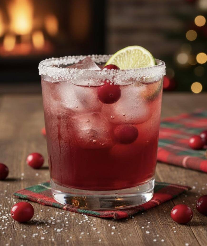 A glass of iced cranberry cocktail with a salted rim, garnished with cranberries and a lime wedge, sits on a plaid napkin. Christmas lights and a cozy fireplace are blurred in the background.