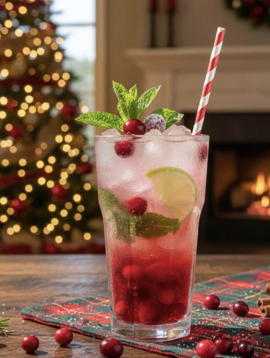 A festive cranberry cocktail with mint, lime, and ice in a glass, garnished with a striped straw. A decorated Christmas tree and a lit fireplace are softly blurred in the background.