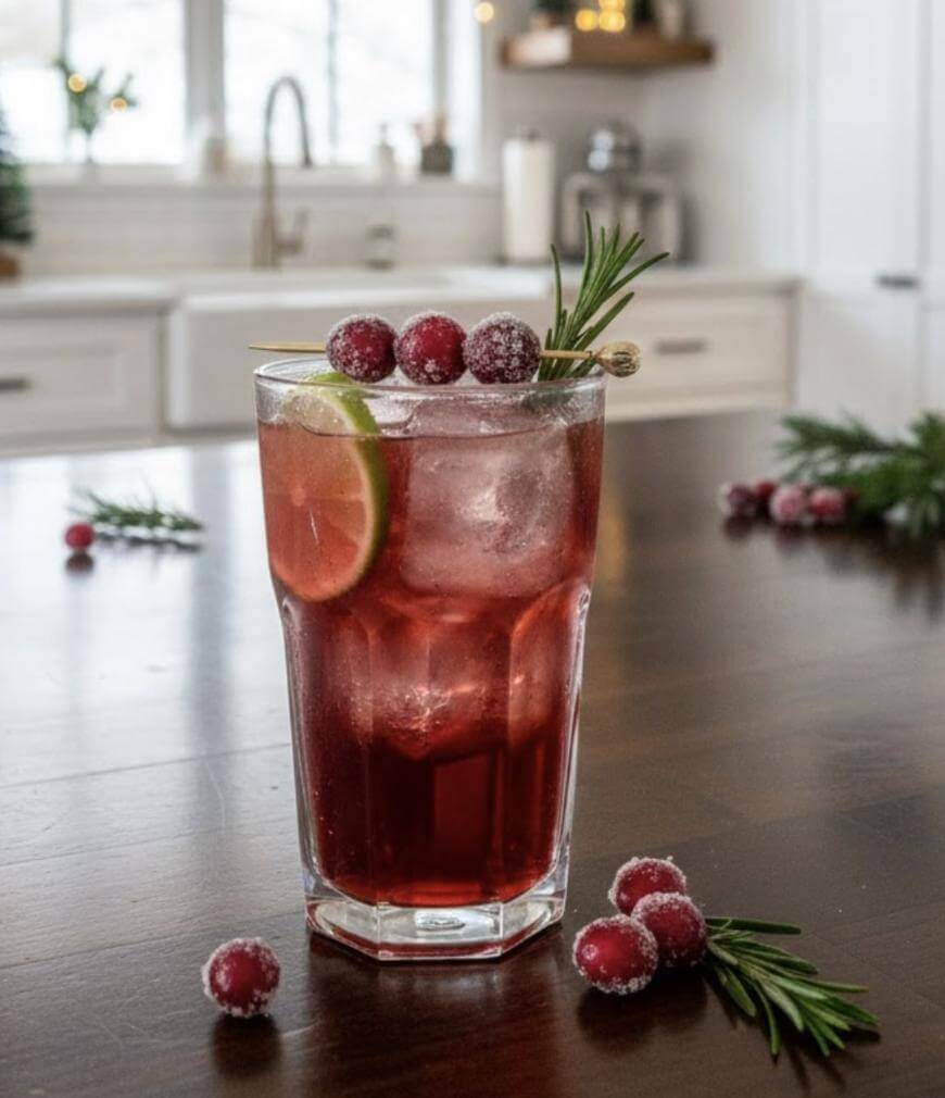 A tall glass of red cocktail with ice, garnished with a lime slice, sugared cranberries, and a sprig of rosemary, sits on a wooden table in a bright kitchen. Scattered cranberries and rosemary are also on the table.