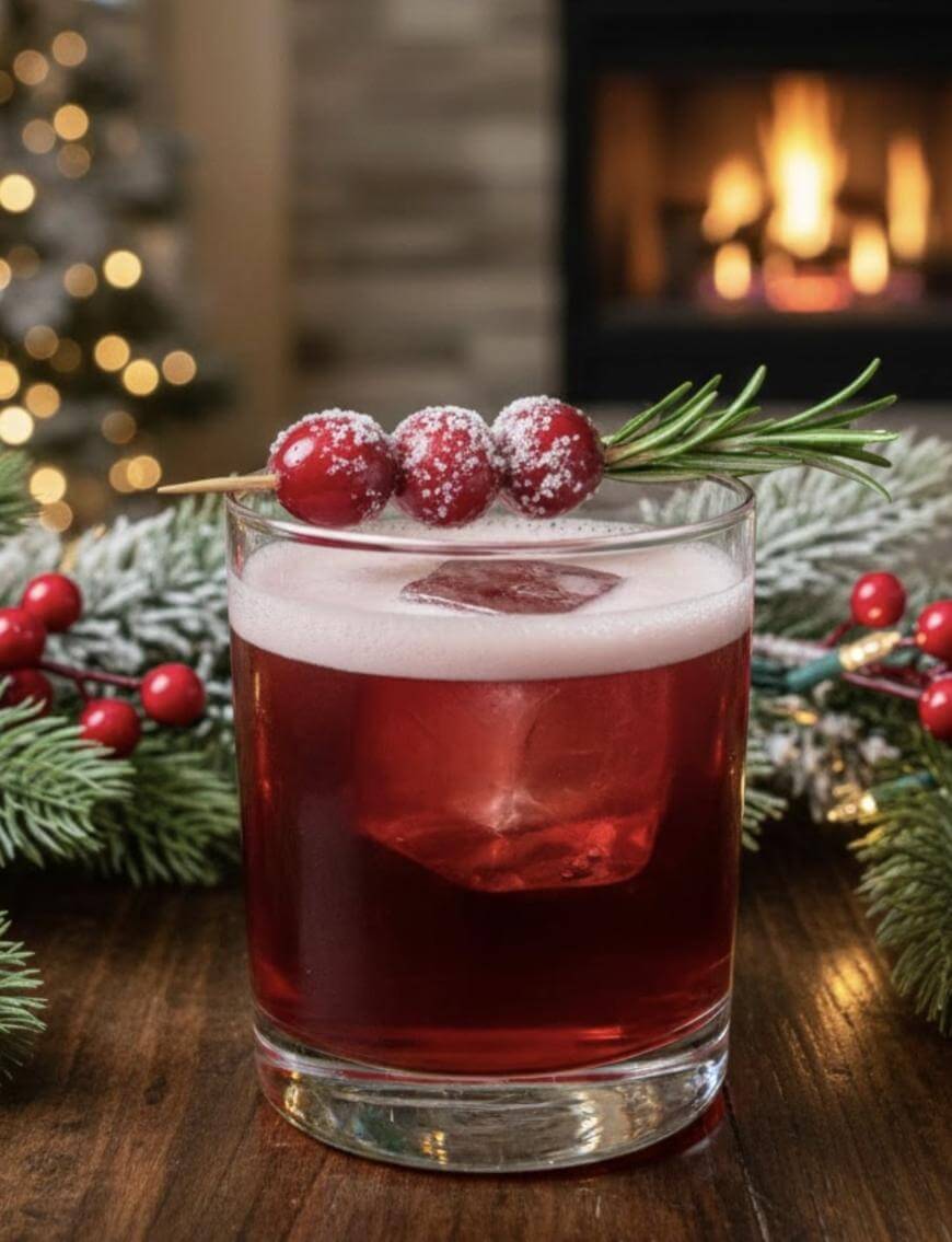 A glass of red holiday cocktail with ice cubes, garnished with sugared cranberries and a sprig of rosemary. Festive greenery and a blurred fireplace and Christmas lights are in the background.