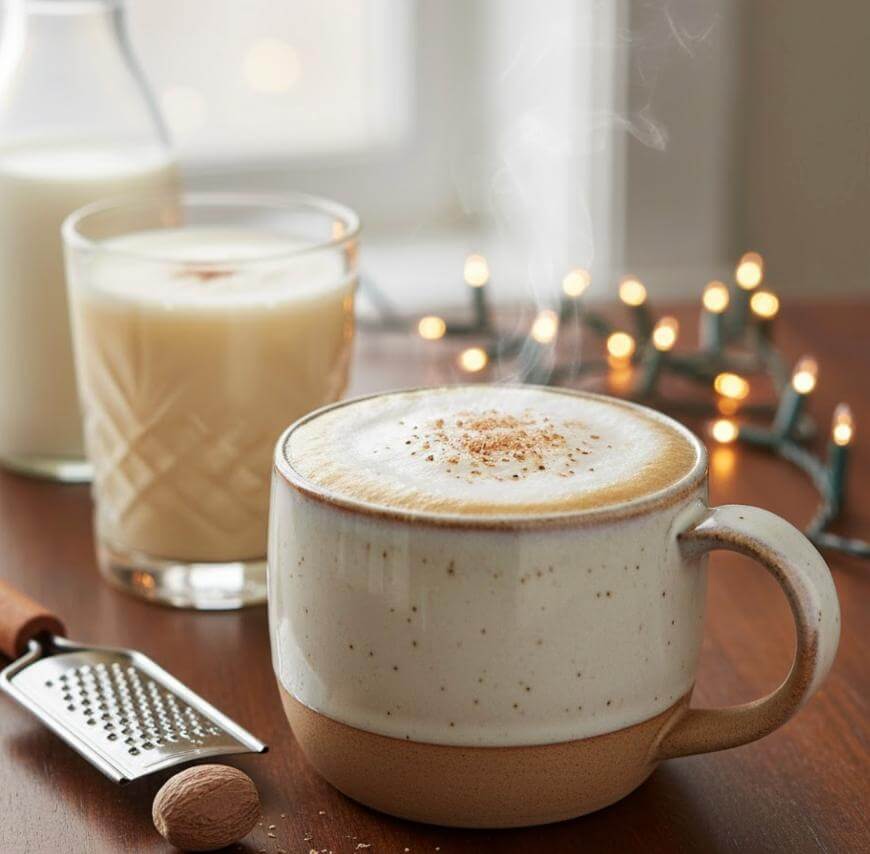 A mug of frothy eggnog latte topped with nutmeg sits on a wooden table next to a glass of eggnog, a grater and nutmeg, and a string of soft glowing lights in the background.