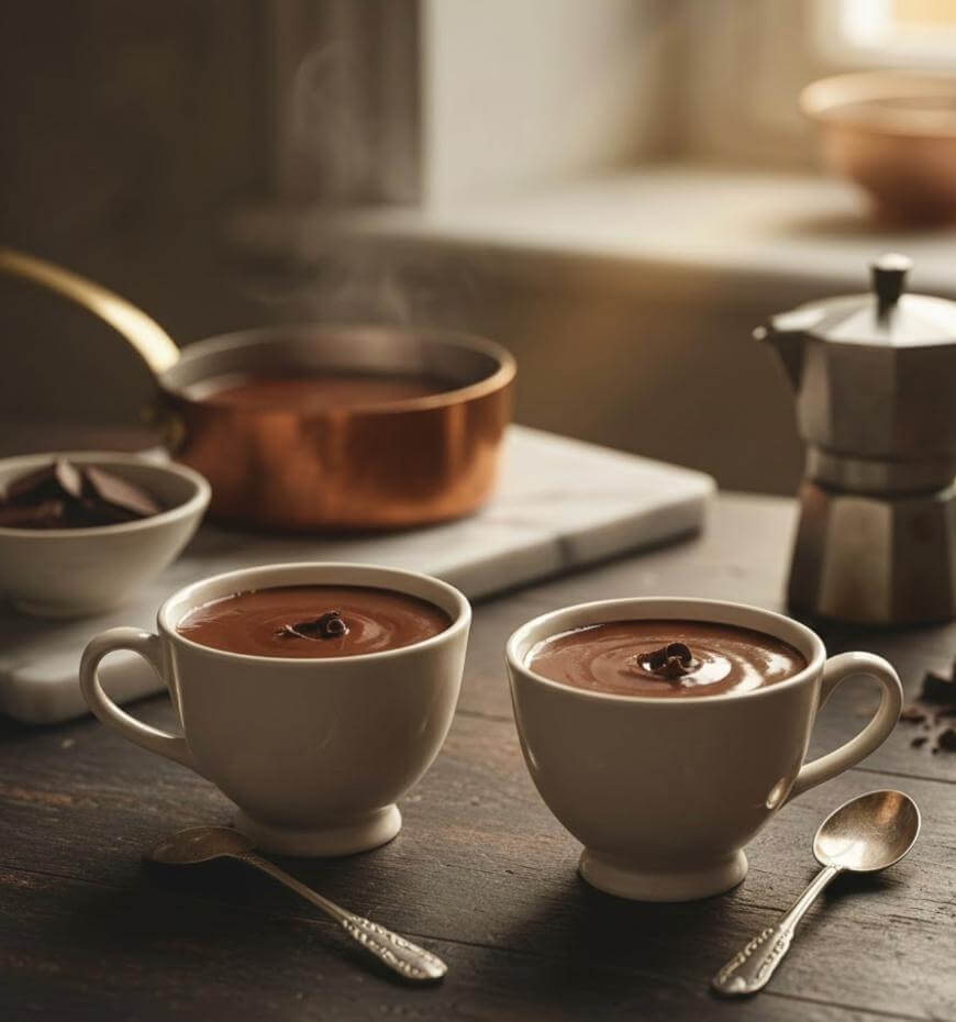 Two cups of hot chocolate sit on a wooden table with spoons beside them. In the background, there is a copper pot, a bowl of chocolate pieces, and a stovetop espresso maker. Steam rises from the cups.