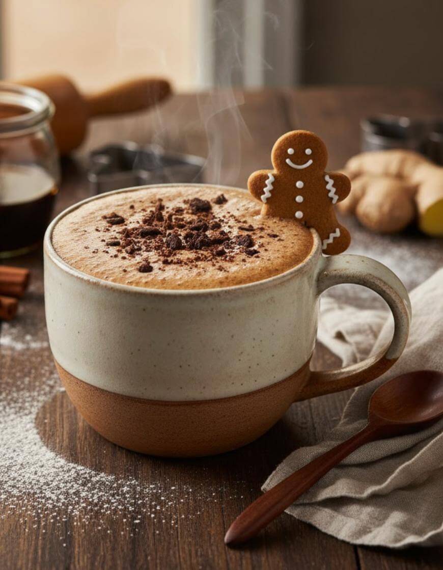 A steaming mug of frothy hot chocolate topped with chocolate shavings sits on a wooden table. A smiling gingerbread cookie rests on the rim of the mug. Nearby are a spoon, napkin, spices, and baking ingredients.