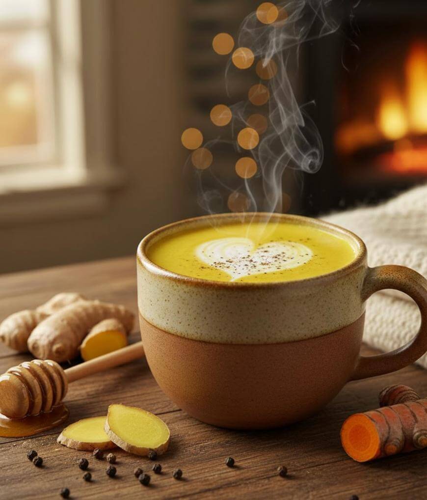 A steaming mug of golden turmeric latte with a frothy top sits on a wooden table, surrounded by fresh ginger, turmeric, honey, and black pepper, with a cozy fireplace glowing in the blurred background.