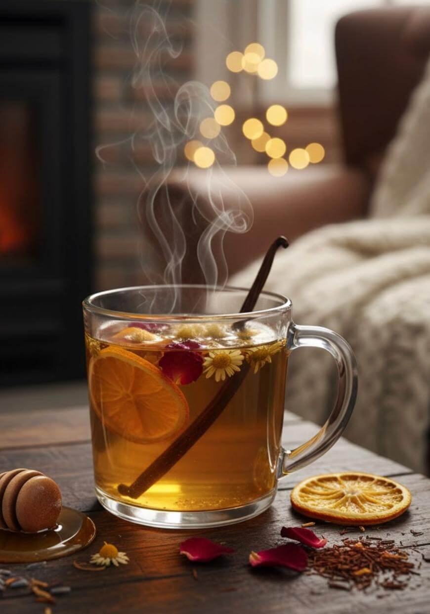 A steaming glass mug of tea with lemon slices, a cinnamon stick, chamomile flowers, and rose petals sits on a wooden table. Dried orange, honey dipper, and cozy decor are visible in a warmly lit room.