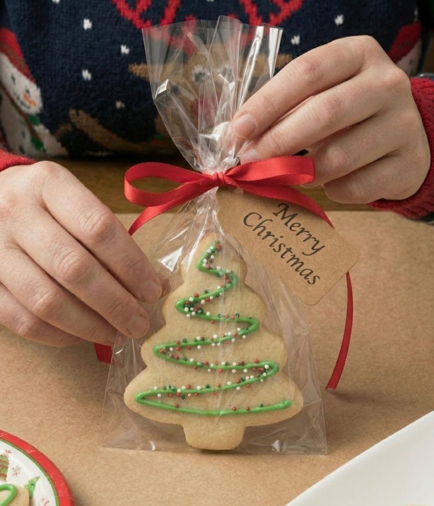 A person ties a red ribbon around a plastic-wrapped Christmas tree-shaped cookie with green icing and sprinkles, attaching a tag that reads Merry Christmas.