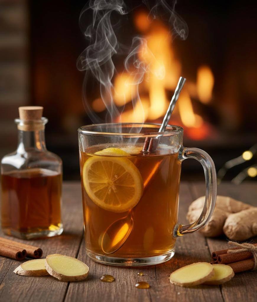 A steaming glass mug of hot tea with lemon slices and a metal spoon, surrounded by ginger slices, cinnamon sticks, a glass bottle of honey, and a cozy fireplace in the background.