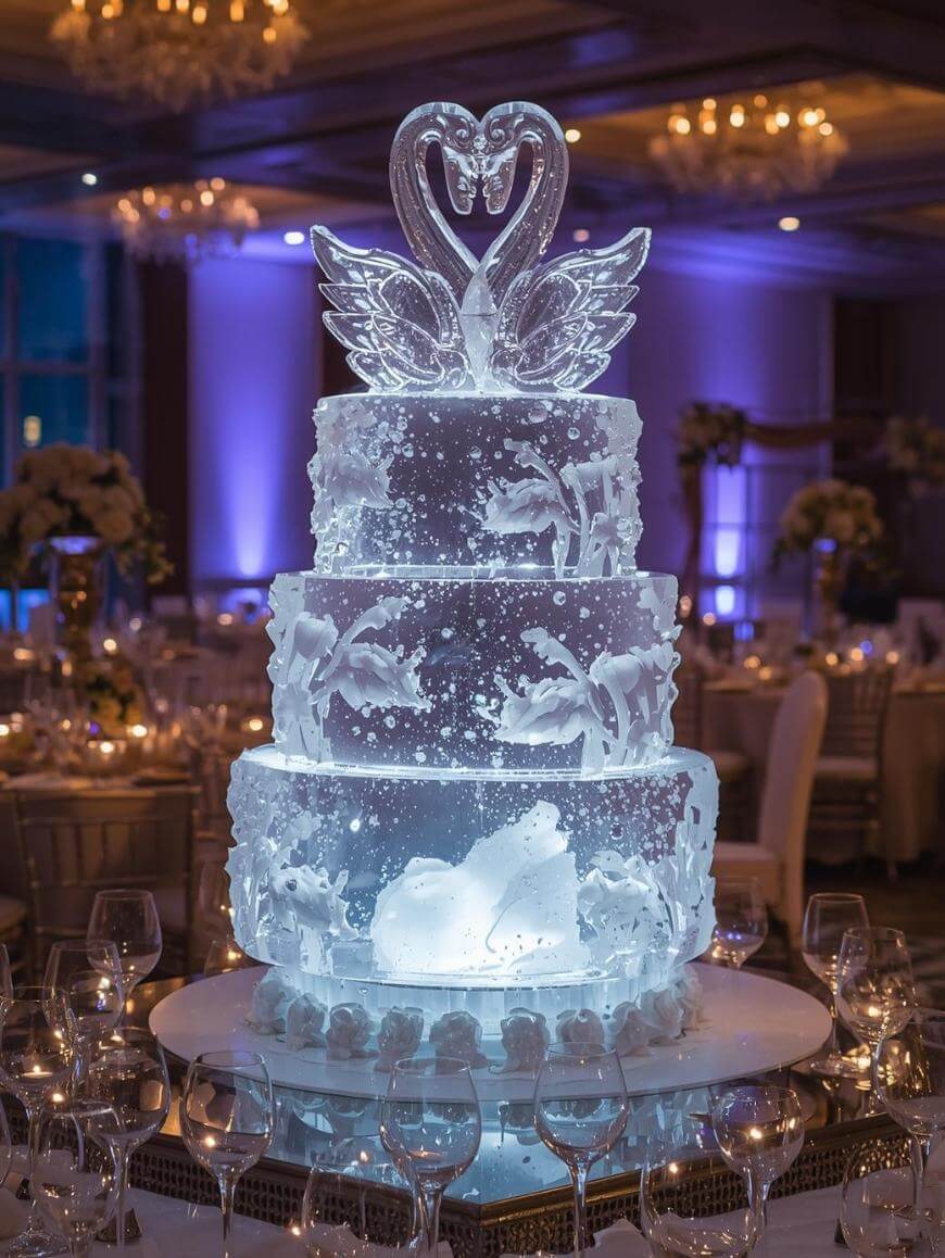 A three-tiered ice sculpture cake with intricate carvings of swans and flowers, topped with two swans forming a heart shape. The sculpture is illuminated and surrounded by wine glasses in an elegant banquet hall.
