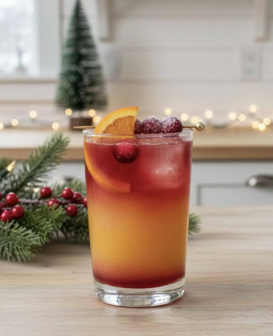 A festive cocktail with orange and red layers is garnished with orange slices and sugared cranberries. It sits on a wooden table with holiday decorations and a small Christmas tree in the background.