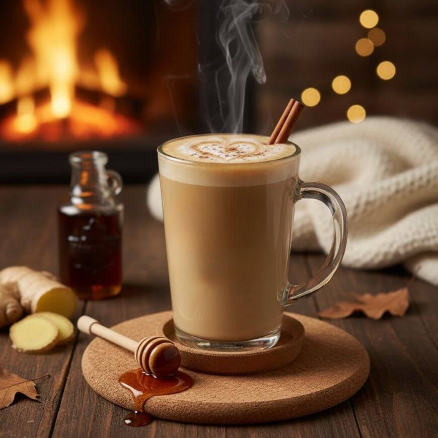 A steaming mug of latte with a cinnamon stick sits on a wooden coaster, surrounded by honey, ginger, and syrup, with a cozy fireplace and warm lights blurred in the background.
