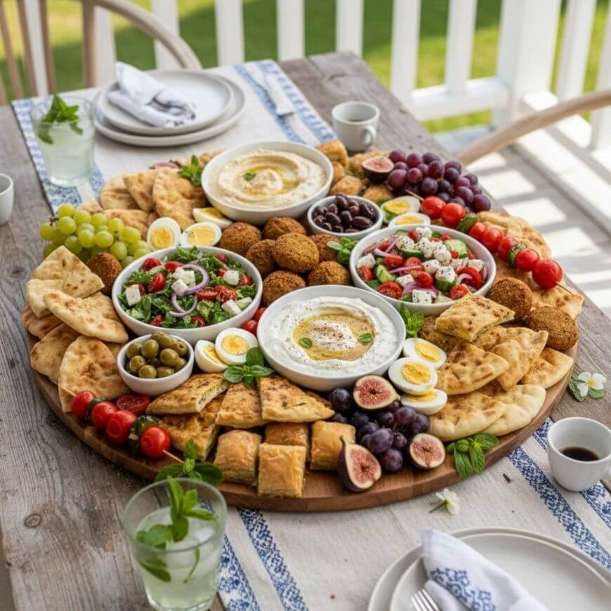 A large wooden platter holds pita bread, hummus, salads, falafel, olives, grape clusters, figs, cherry tomatoes, boiled egg slices, and baklava. The platter sits on an outdoor table set for a meal.