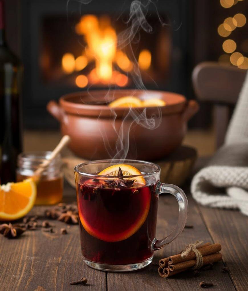 A glass mug of steaming mulled wine garnished with an orange slice and star anise sits on a wooden table with cinnamon sticks, honey, orange slices, and a pot, with a fireplace glowing warmly in the background.