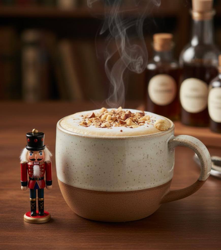 A mug of frothy coffee topped with nuts sits on a wooden table beside a small nutcracker figurine. Bottles of syrup and blurred books are visible in the background. Steam rises from the mug.