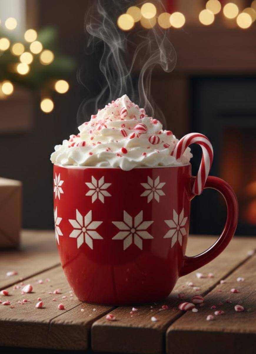 A red mug with white snowflake patterns, filled with hot chocolate, topped with whipped cream and crushed peppermint candies, sits on a wooden table. A candy cane hangs from the rim; holiday lights glow softly in the background.