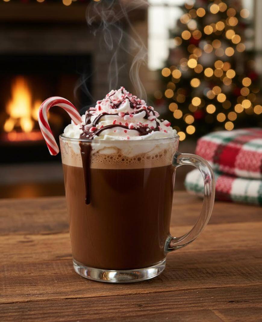 A glass mug of hot chocolate topped with whipped cream, chocolate drizzle, red sprinkles, and a candy cane sits on a wooden table. A fireplace and decorated Christmas tree are in the blurred background.