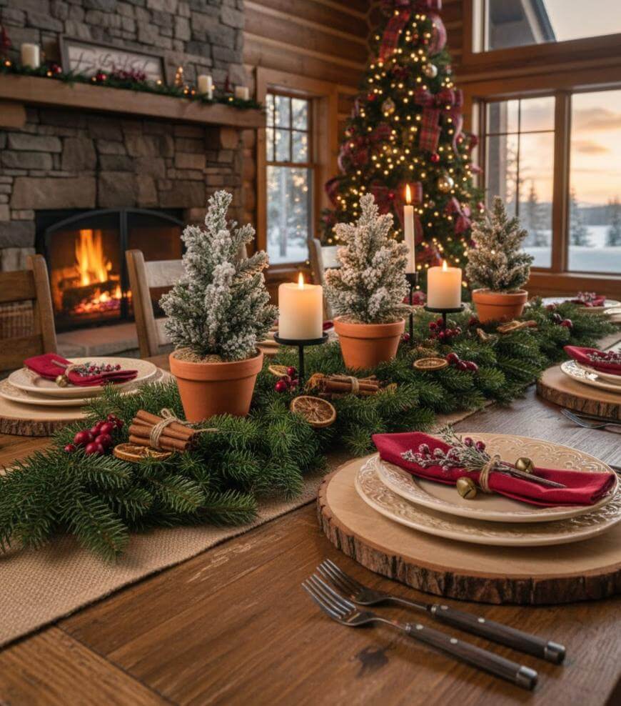 A festive holiday table is decorated with evergreen garland, candles, red napkins, and potted mini Christmas trees, set in a cozy cabin with a lit fireplace and a decorated Christmas tree by the window.