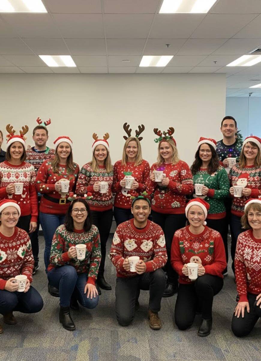 A group of people wearing festive holiday sweaters, Santa hats, and reindeer antlers pose together indoors, smiling and holding mugs. They are standing and kneeling in a bright office space.
