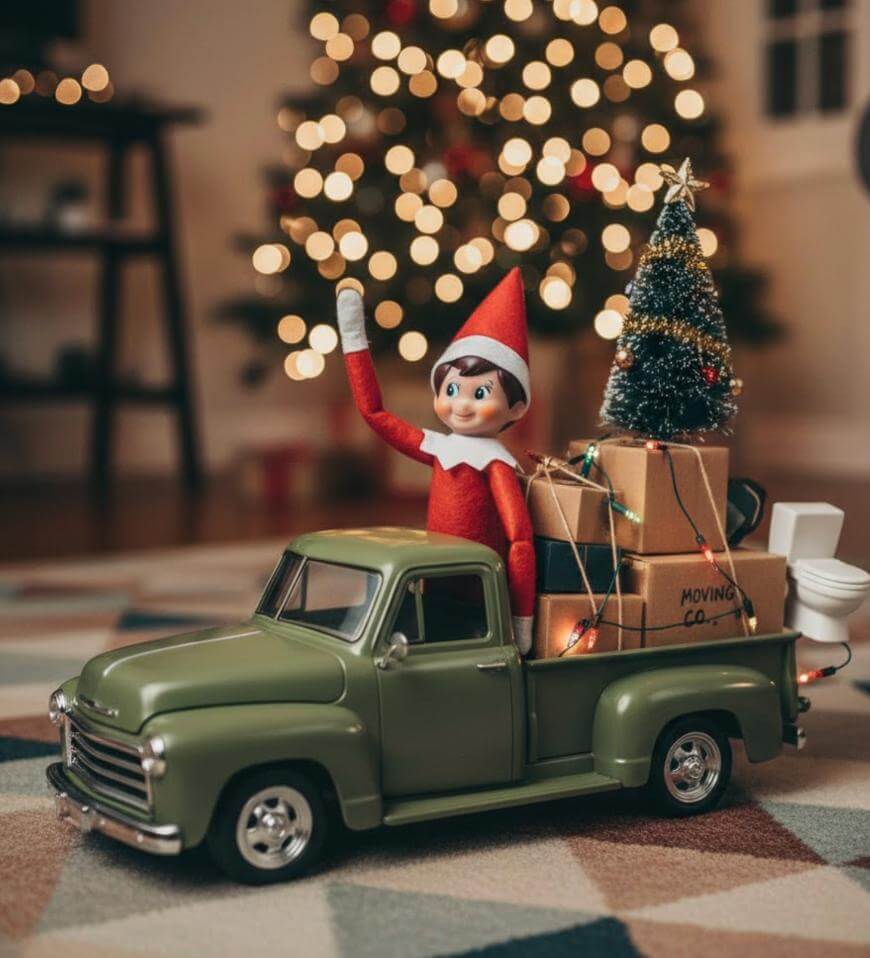 A toy elf waves from the back of a green toy truck filled with gifts, a small Christmas tree, and tiny decorations. A lit Christmas tree is blurred in the background, creating a festive atmosphere.