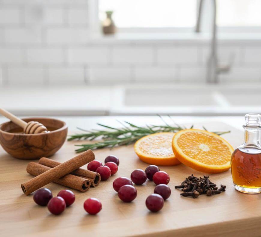 A wooden cutting board with cinnamon sticks, cranberries, orange slices, cloves, a sprig of rosemary, a small jar of honey with a dipper, and a bottle of liquid, set on a kitchen counter.
